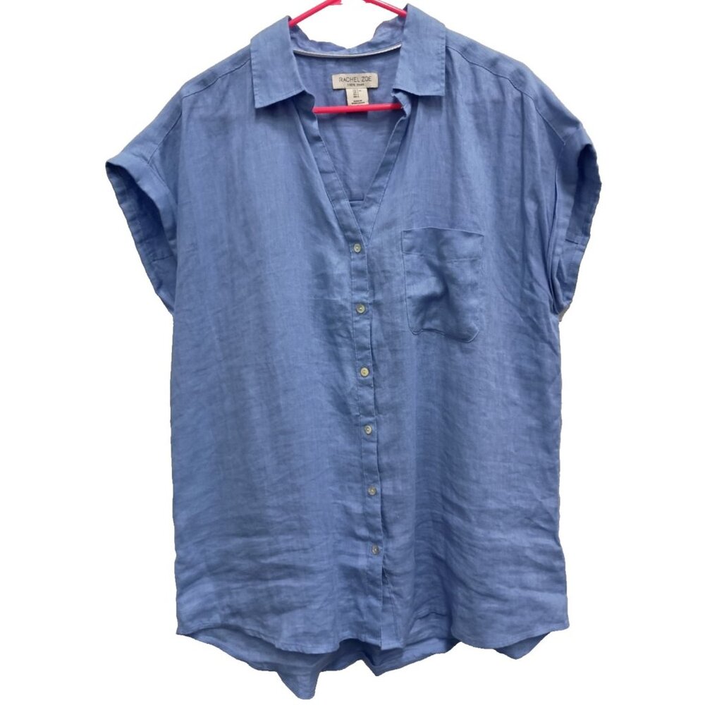 Rachel Zoe Dusty Blue Linen Short-Sleeve Button-Down